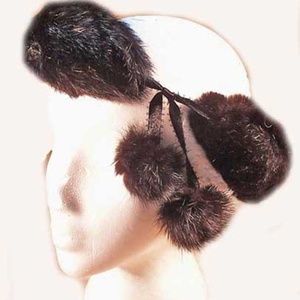 MUSKRAT FUR POM POM HEAD BAND, NEVER WORN, BLACK, ADJUSTABLE, ROUND FUR TUBE